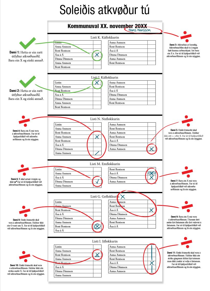 Tú skalt antin seta kross fyri tí lista, tú ætlar at velja, ella fyri einum valevni. Myndin niðanfyri vísir, hvussu tú skalt gera, og hvussu tú ikki mást gera: